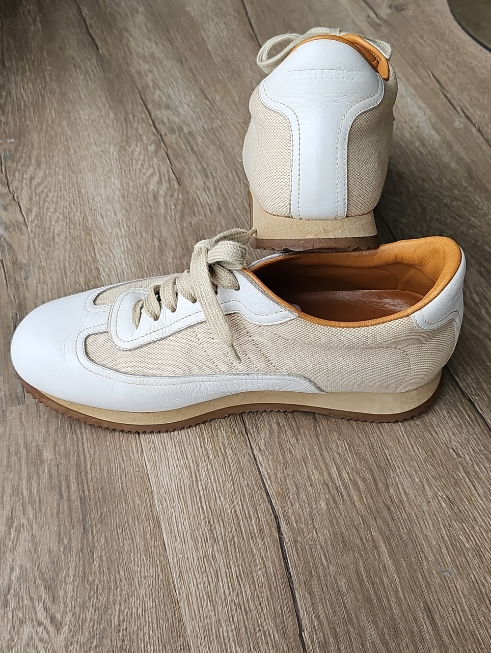 Hermes Sneakers Quick White Leather Beige Canvas H Logo Mens Size 8.5 US/42 EU